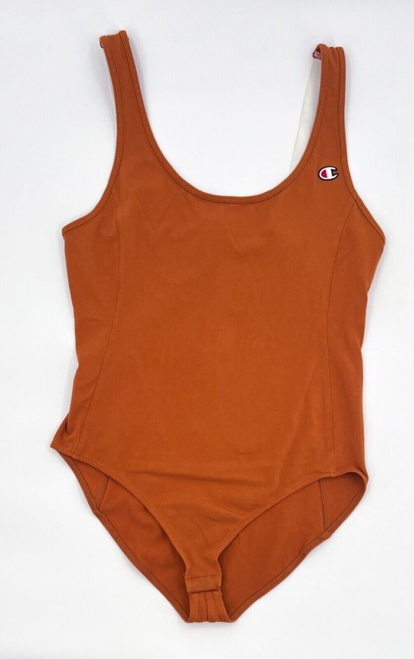Champion Bodysuit Tank Womens medium Brown orange Sleeveless Leotard Snap button